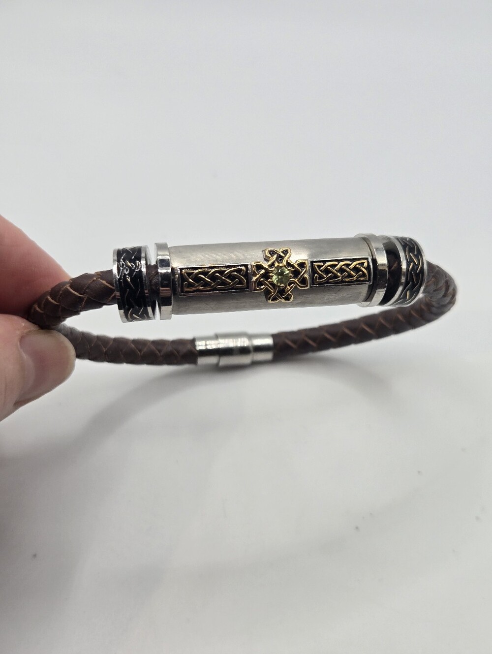 Men's Braided Leather Bracelet Celtic Cross Stainless Steel Renaissance Faire